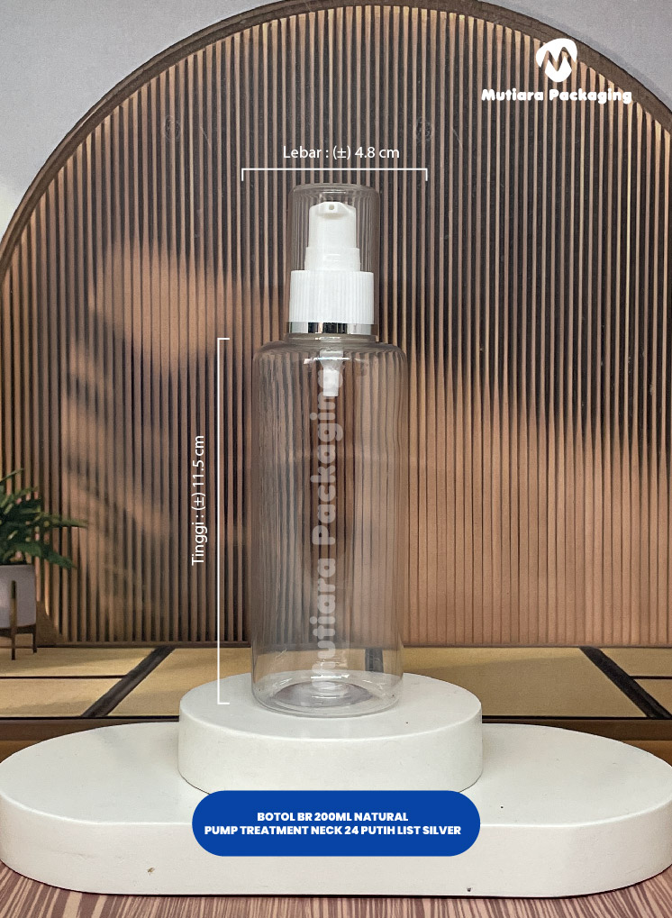 BOTOL BR 200ML NATURAL TUTUP PUMP TREATMENT NECK 24 PUTIH LIST SILVER